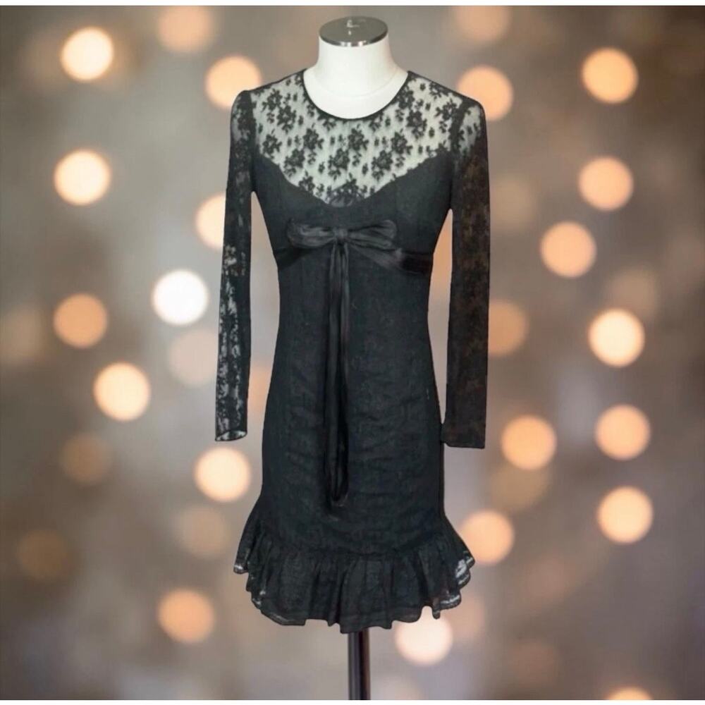 Vintage 1960s Black Lace Mini Dress Andrea A Inc Victorian Revival Bow S